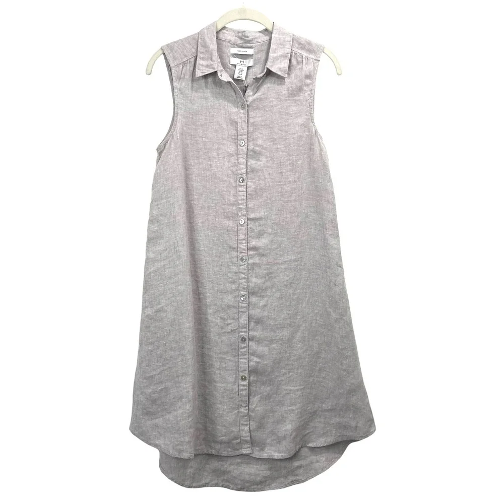 halston linen shirt dress NEW‎ Halston 100% linen button up sleeveless shirt dress Size XS neutral  greige